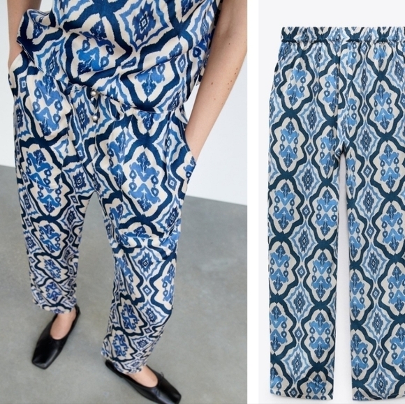 Zara Satin Silky Abstract Print Joggers And Tied Top Set In Cream & Blue Size S - Picture 2 of 16